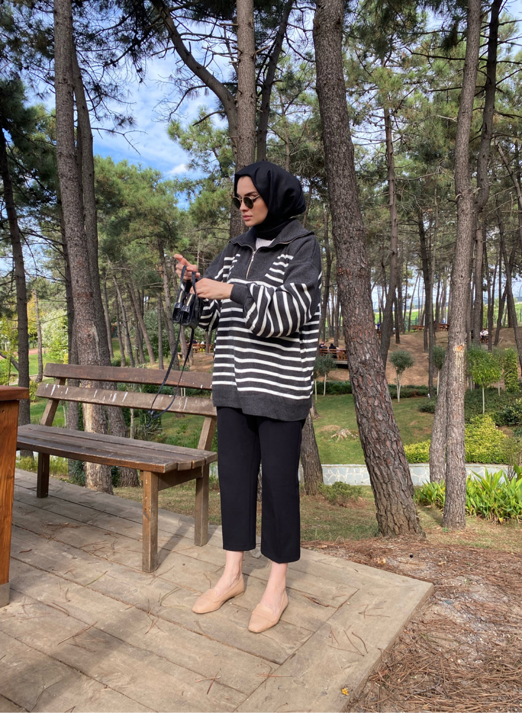 Antrasit Çizgili Oversize Triko Sweat