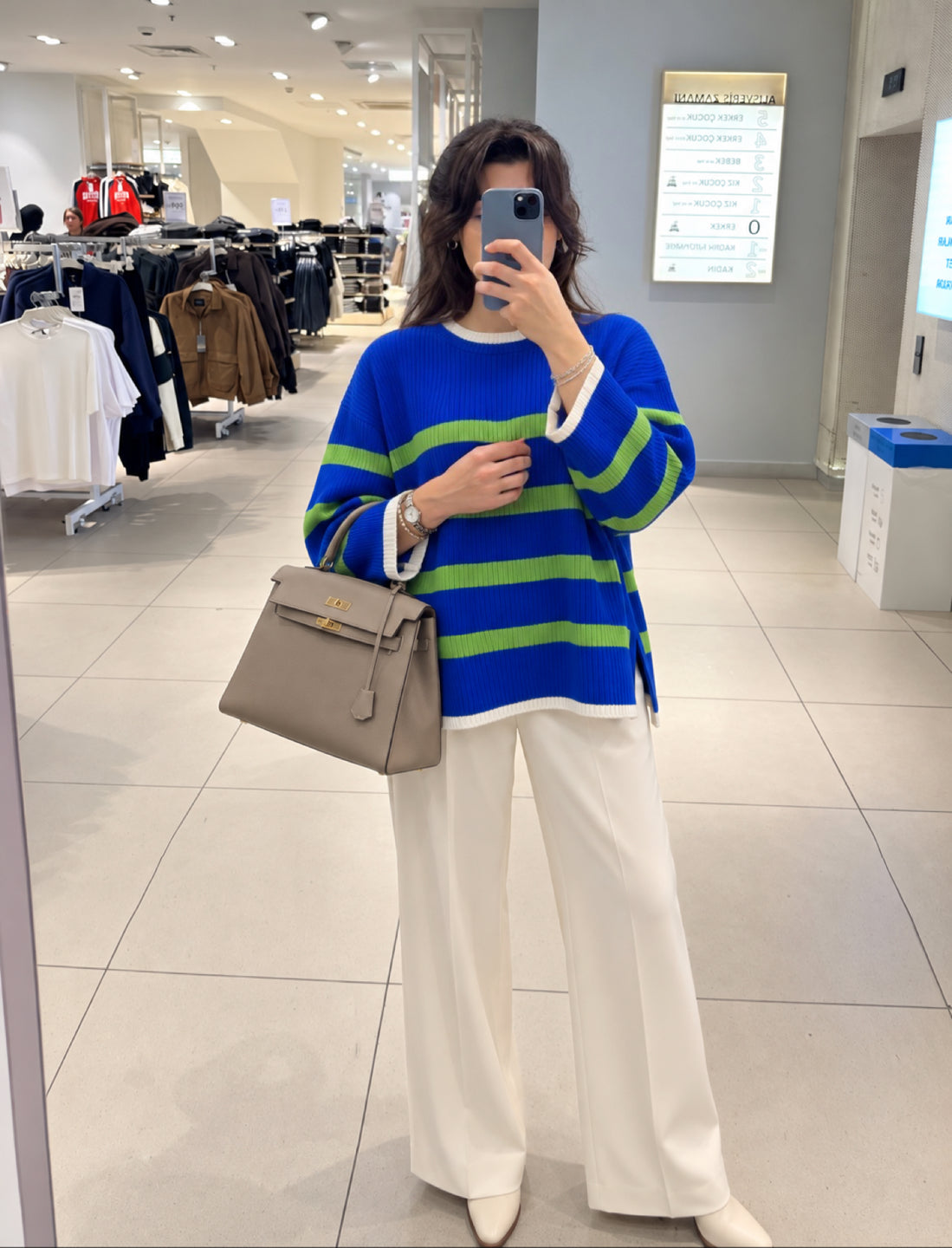 Saks Mavi & Yeşil Çizgili Oversize Triko Kazak