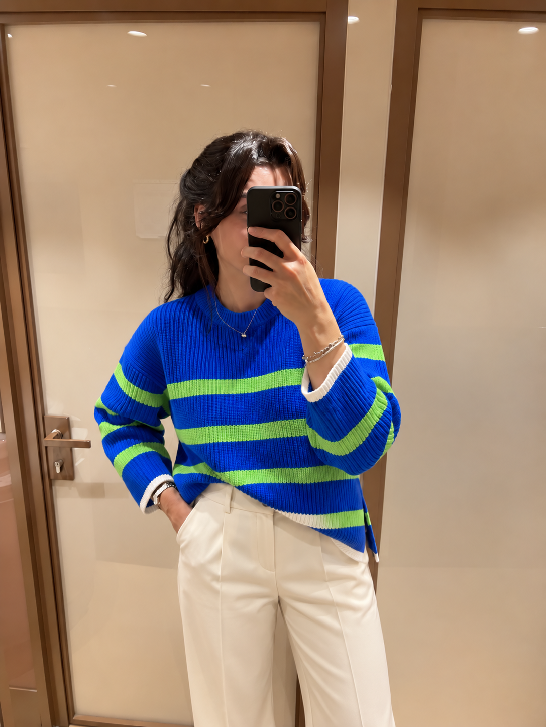Saks Mavi & Yeşil Çizgili Oversize Triko Kazak