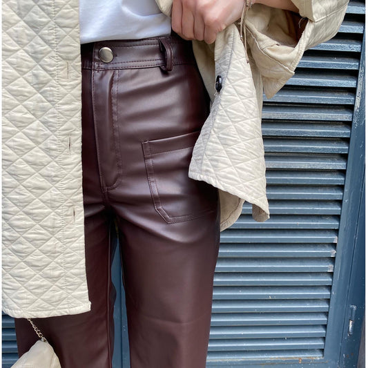 Ön Çift Cep Detay Deri Pantolon - Bordo