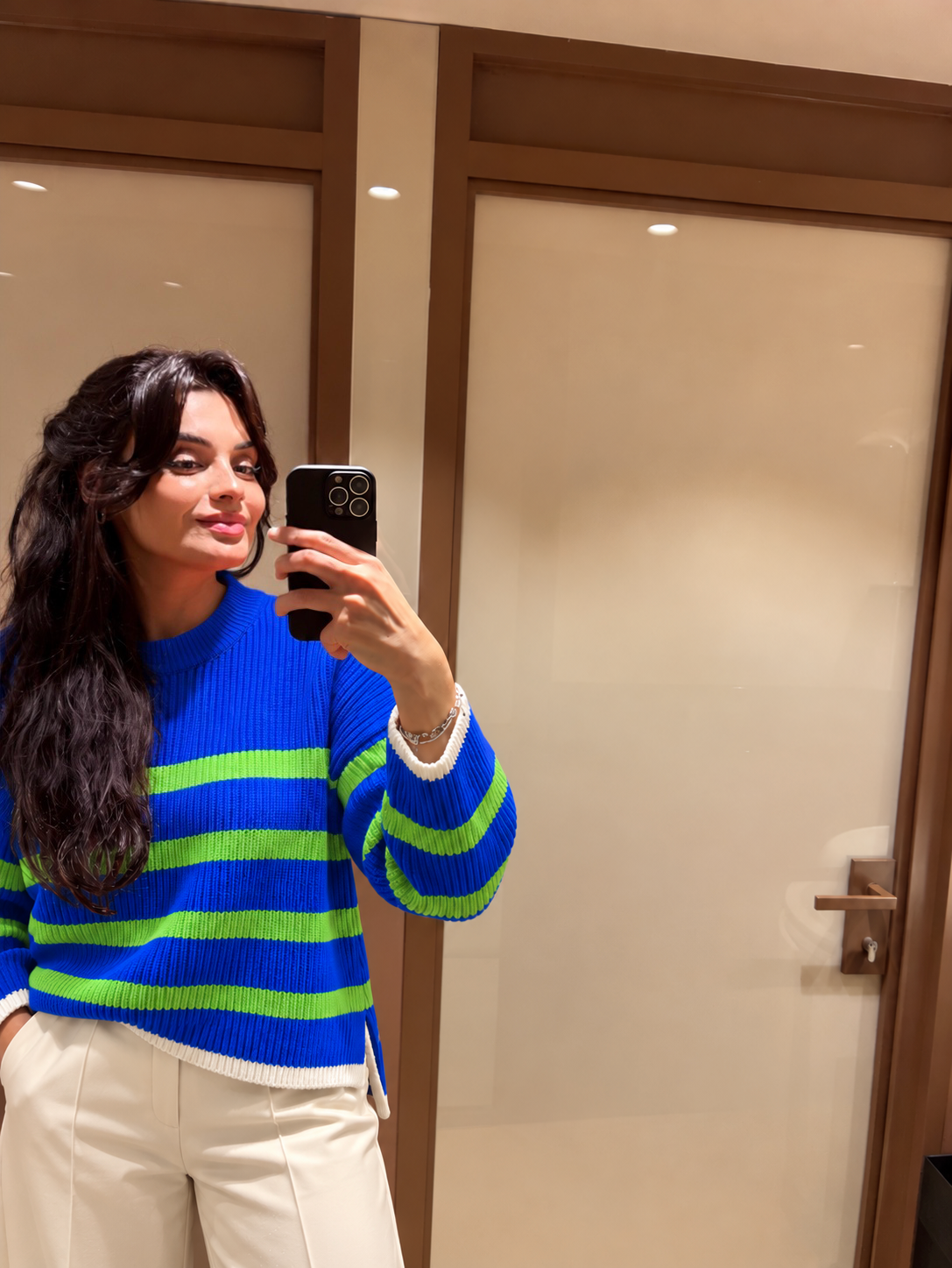 Saks Mavi & Yeşil Çizgili Oversize Triko Kazak