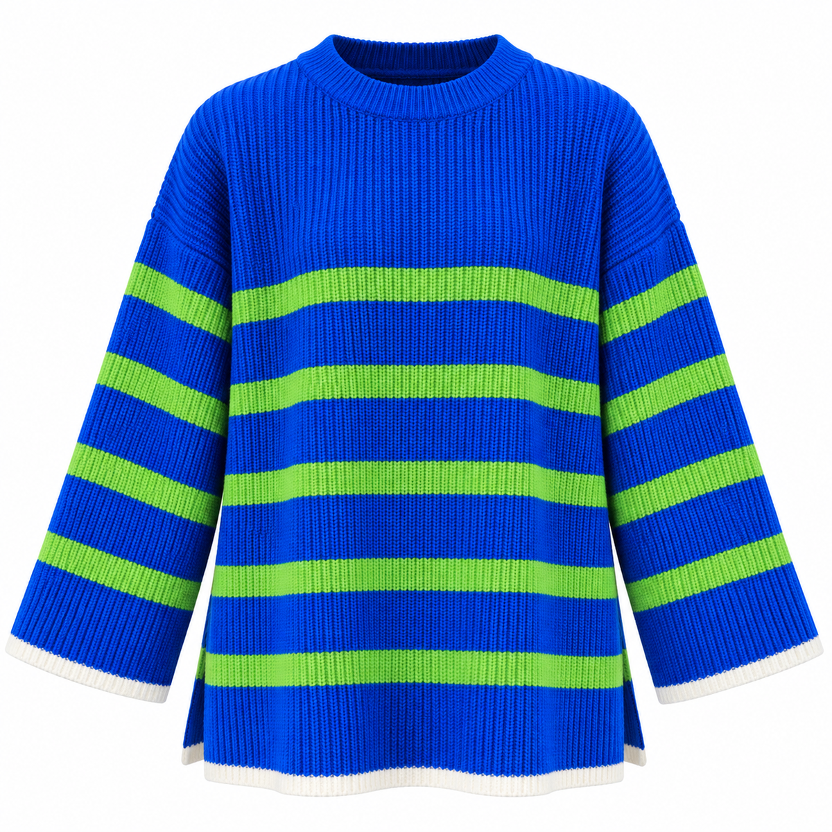 Saks Mavi & Yeşil Çizgili Oversize Triko Kazak