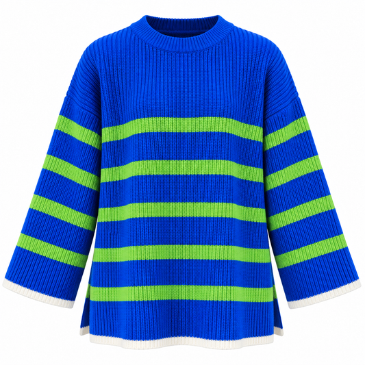 Saks Mavi & Yeşil Çizgili Oversize Triko Kazak