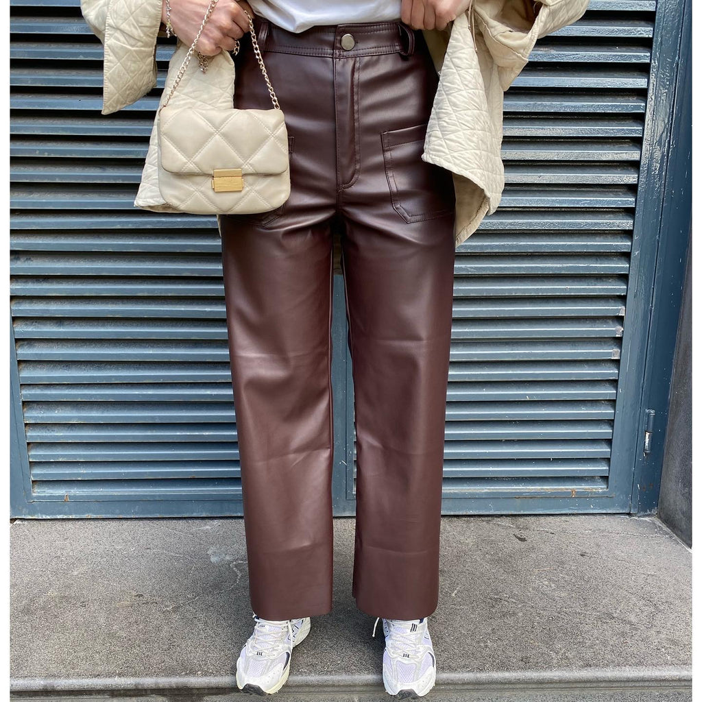 Ön Çift Cep Detay Deri Pantolon - Bordo