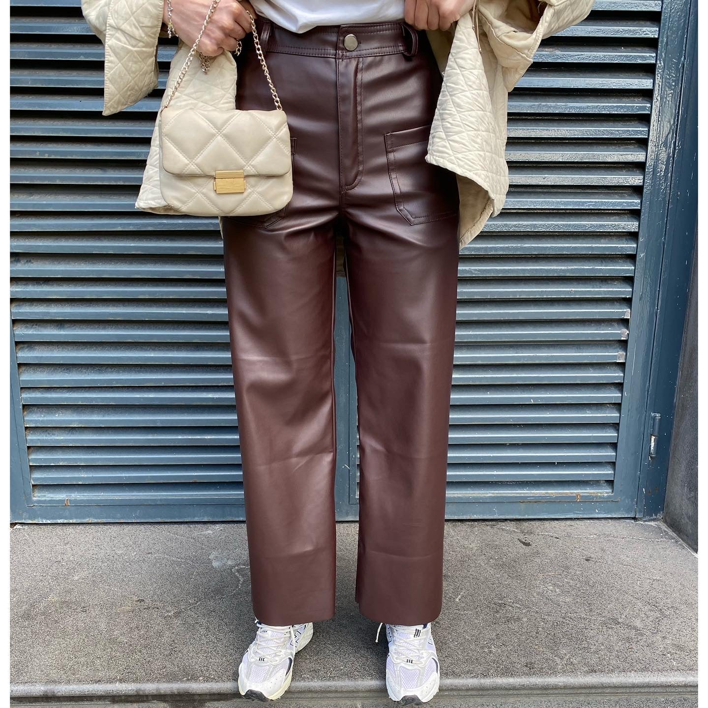 Ön Çift Cep Detay Deri Pantolon - Bordo