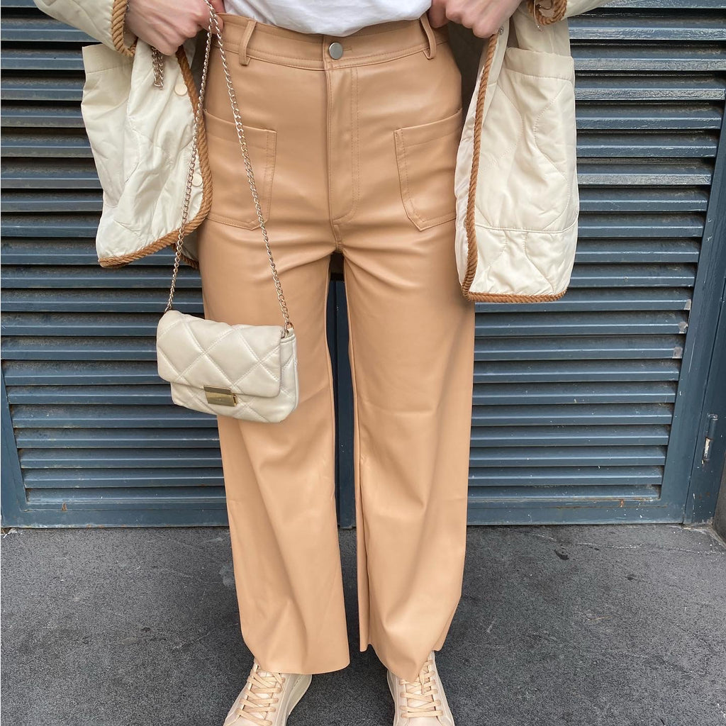 Ön Cep Detaylı Deri Pantolon - Camel