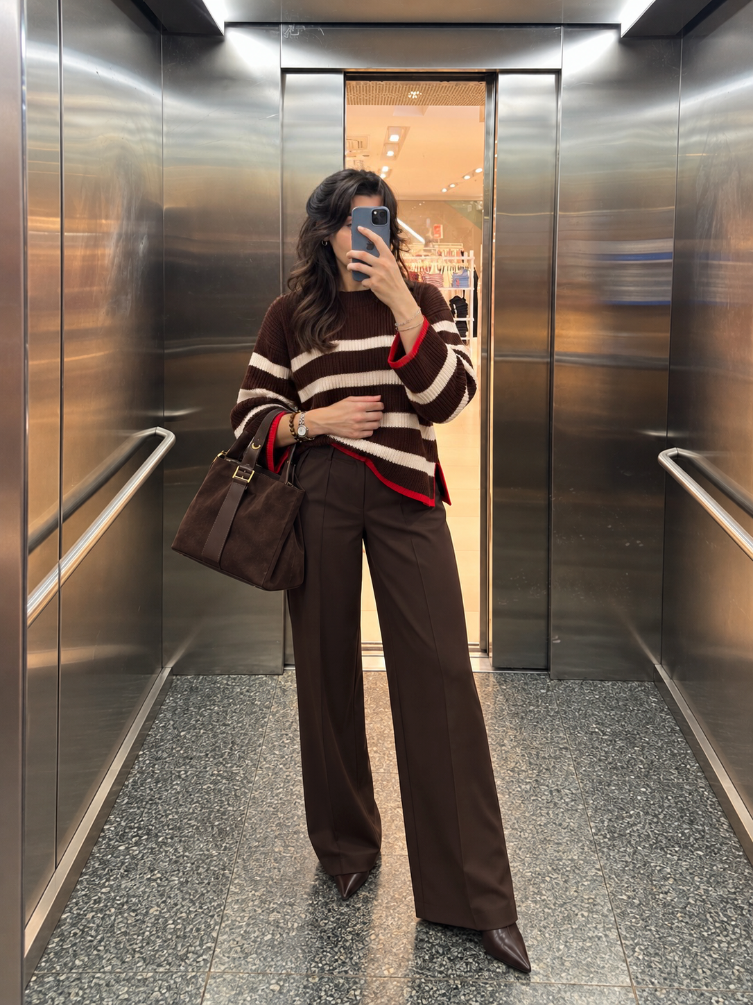 Kahverengi Ekru Çizgili Oversize Triko Kazak 🤎