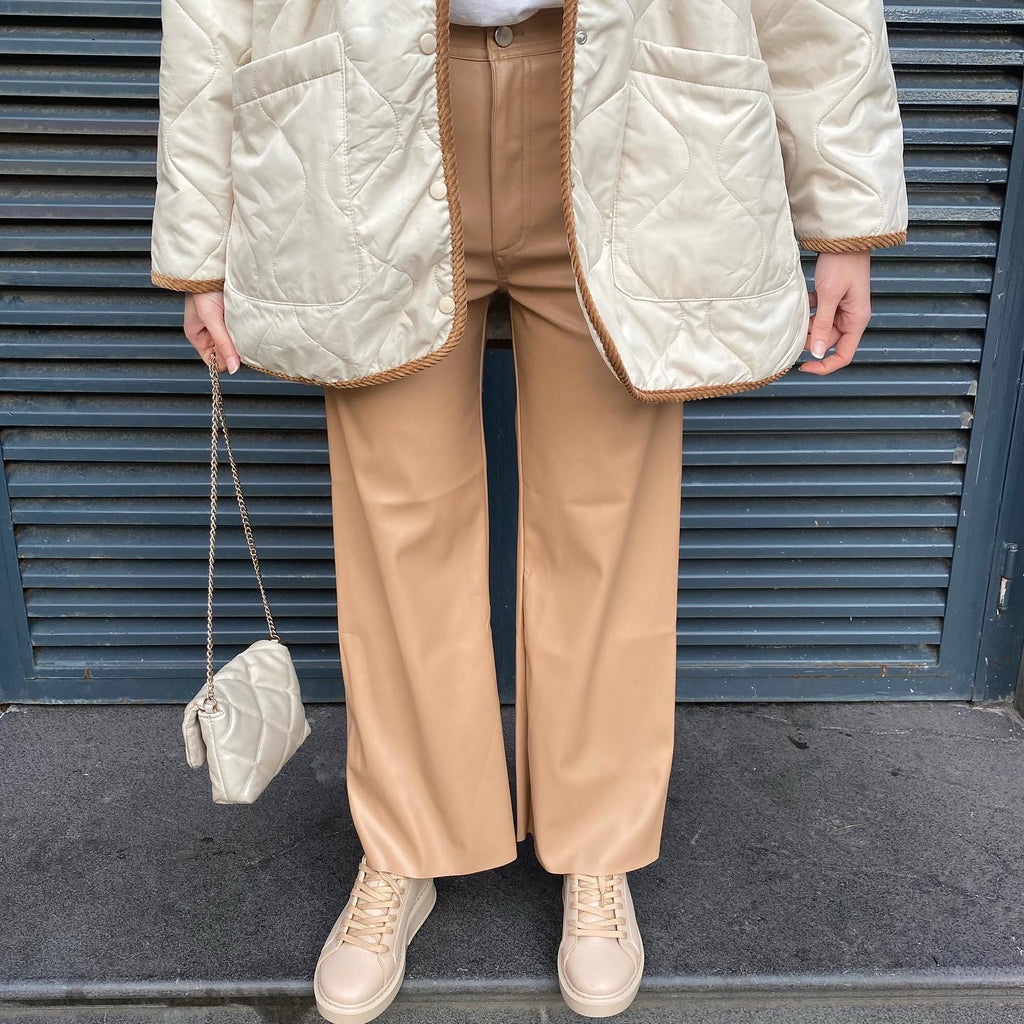 Ön Cep Detaylı Deri Pantolon - Camel