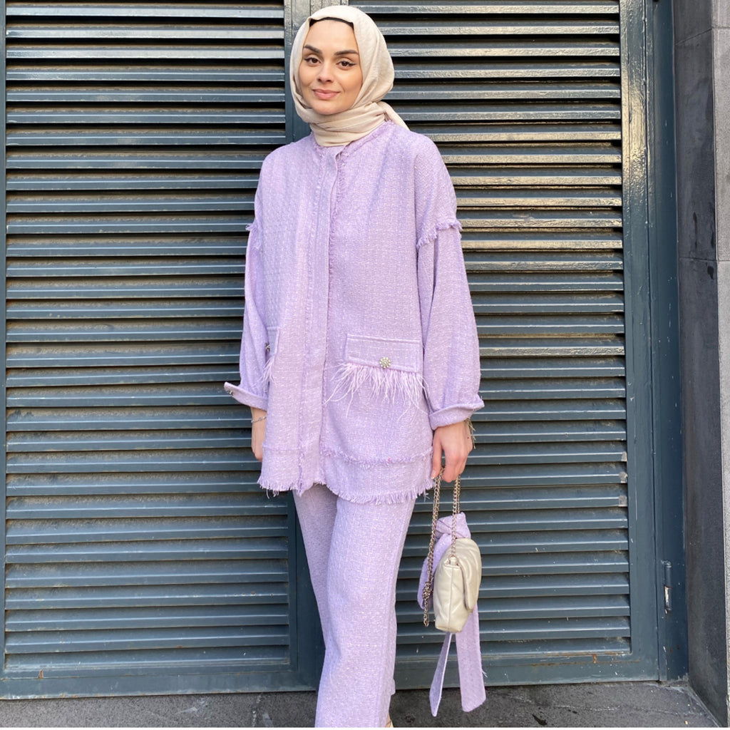 Püskül Detaylı Tüvit Takım - Lila