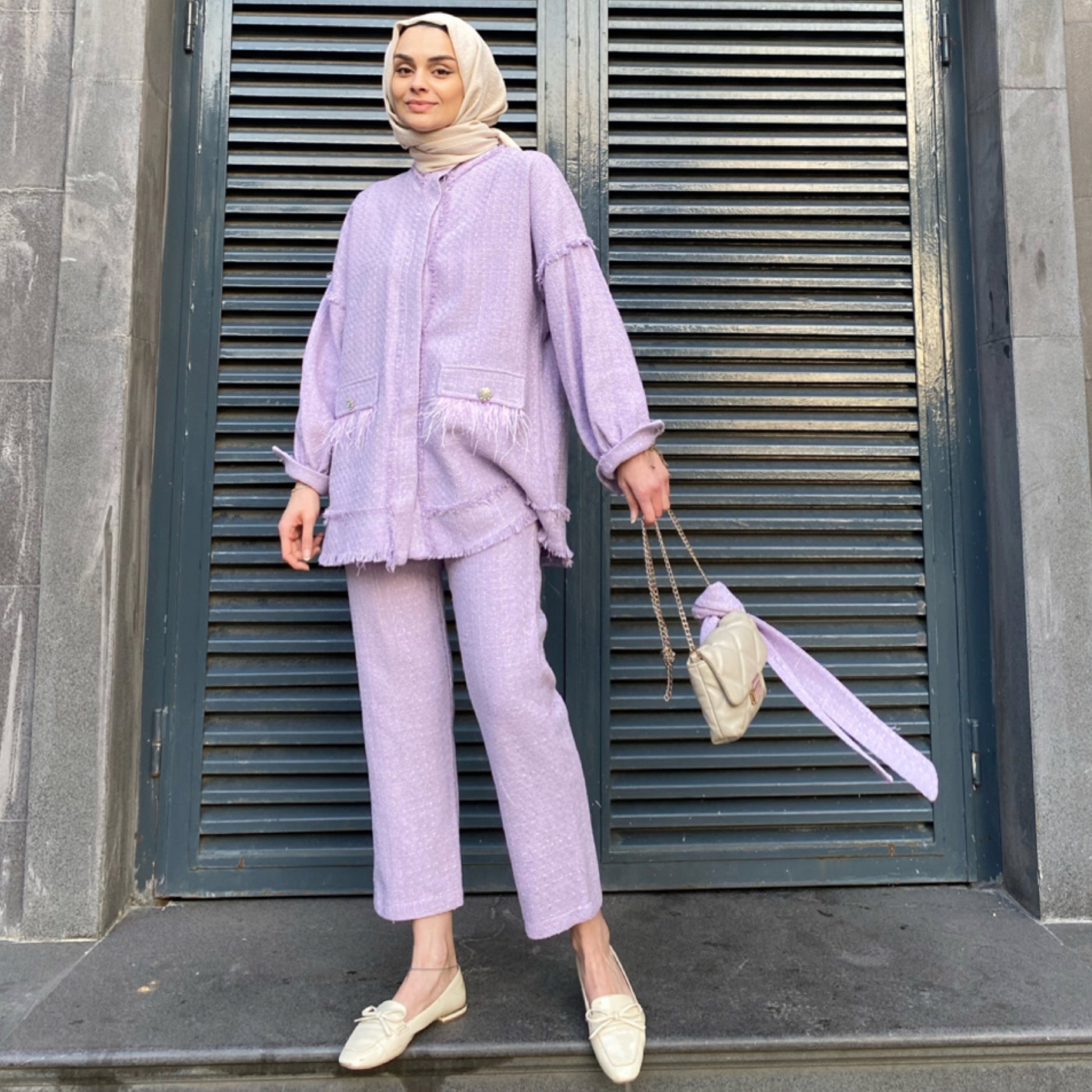 Püskül Detaylı Tüvit Takım - Lila