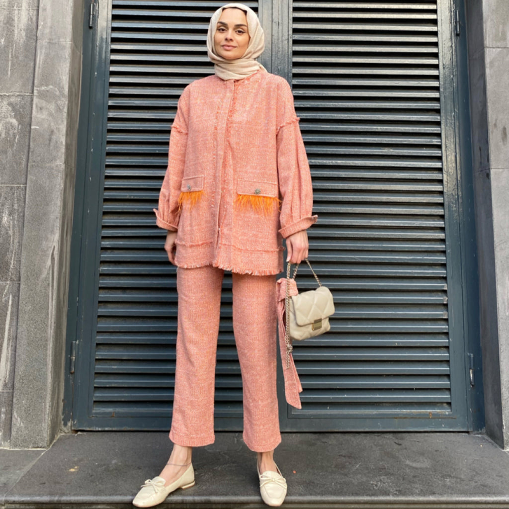 Püskül Detaylı Tüvit Takım - Oranj