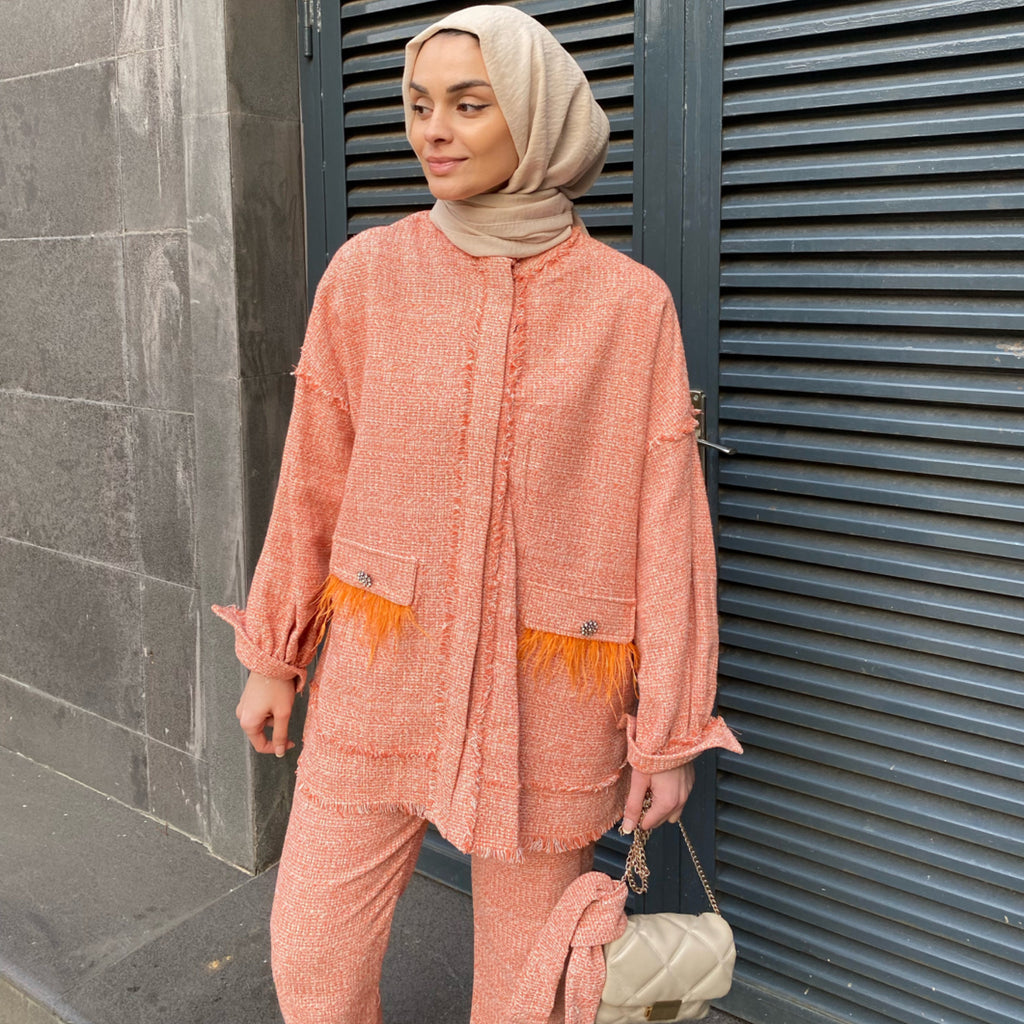 Püskül Detaylı Tüvit Takım - Oranj