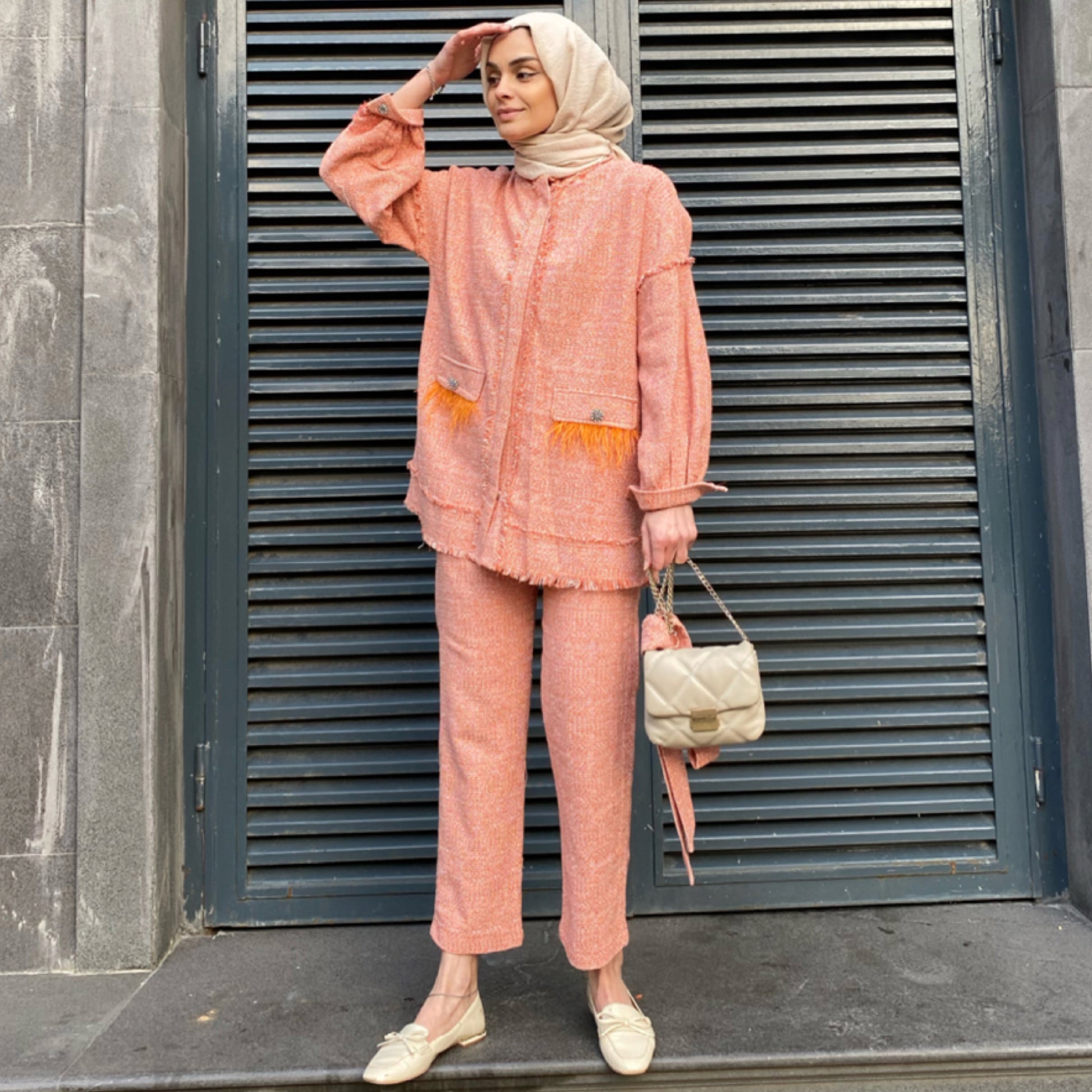 Püskül Detaylı Tüvit Takım - Oranj