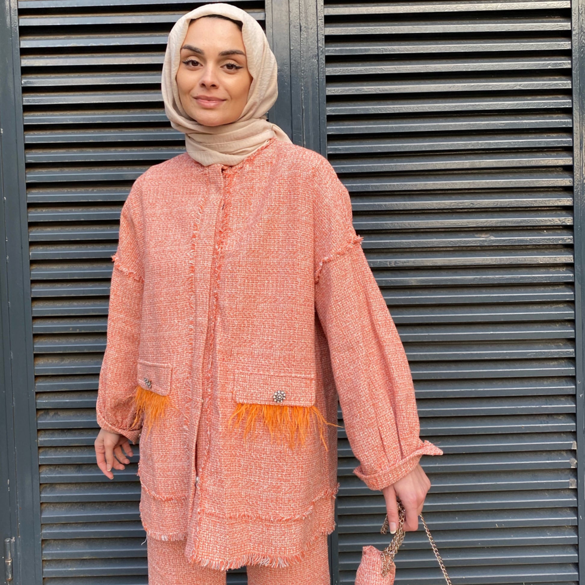 Püskül Detaylı Tüvit Takım - Oranj