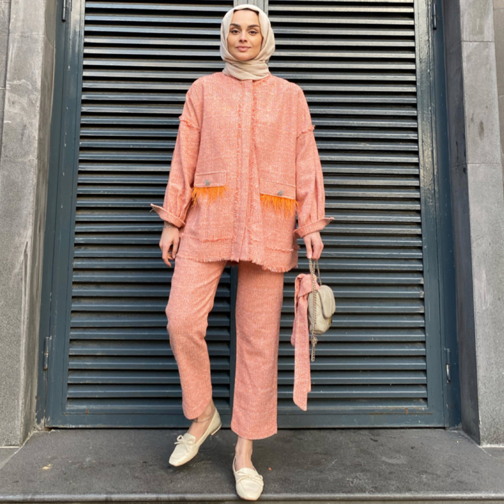 Püskül Detaylı Tüvit Takım - Oranj