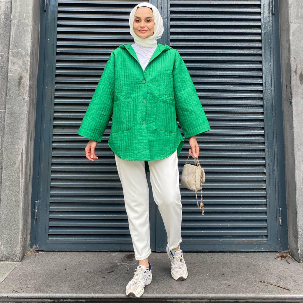 Kapüşonlu Yeşil Kapitone Ceket