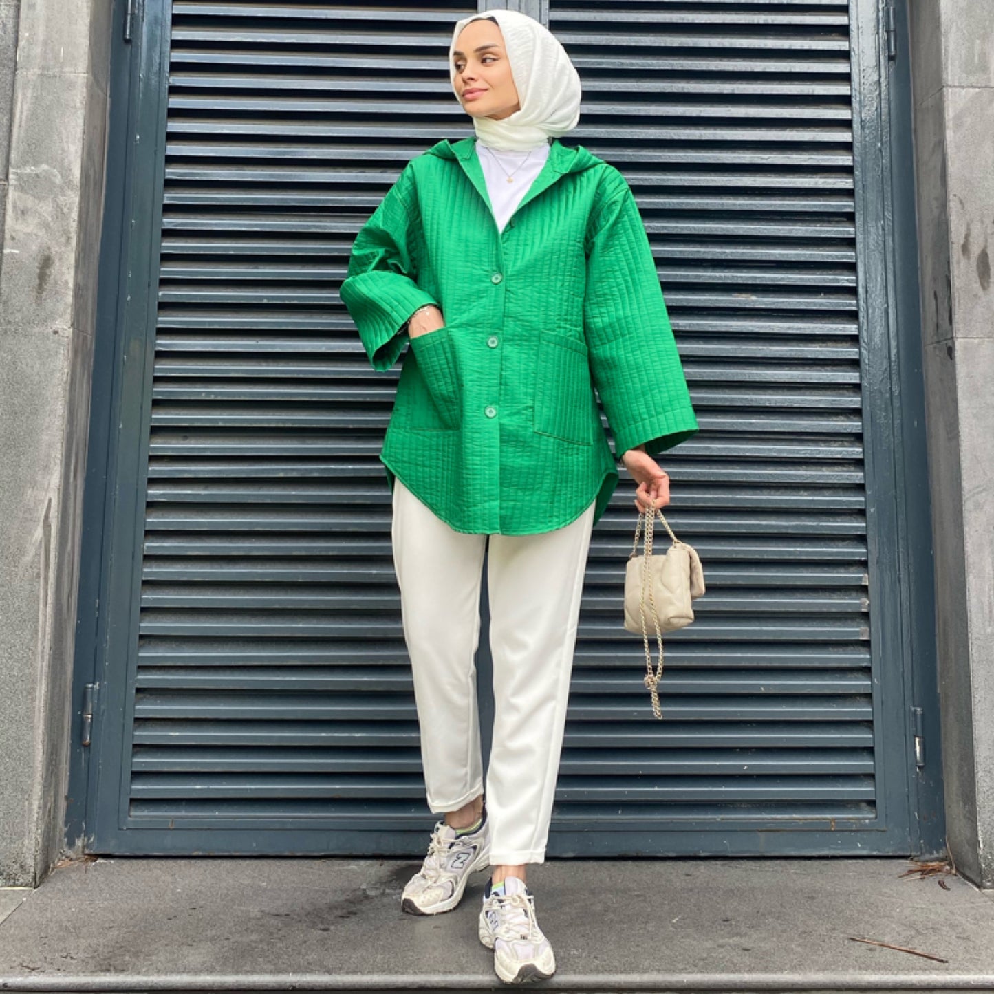 Kapüşonlu Yeşil Kapitone Ceket