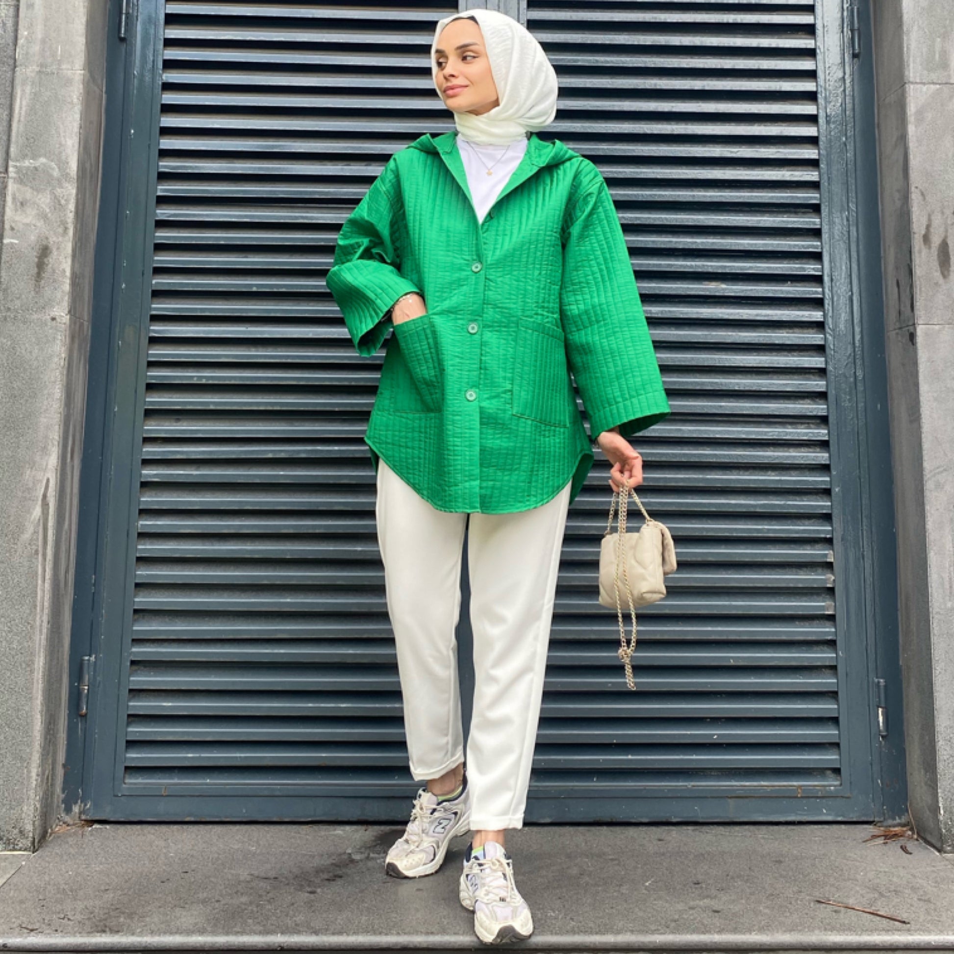 Kapüşonlu Yeşil Kapitone Ceket