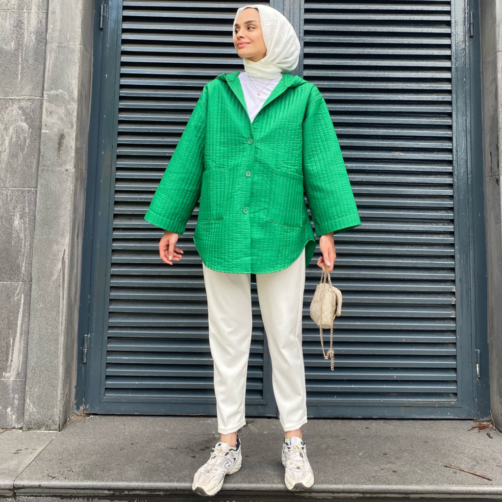 Kapüşonlu Yeşil Kapitone Ceket