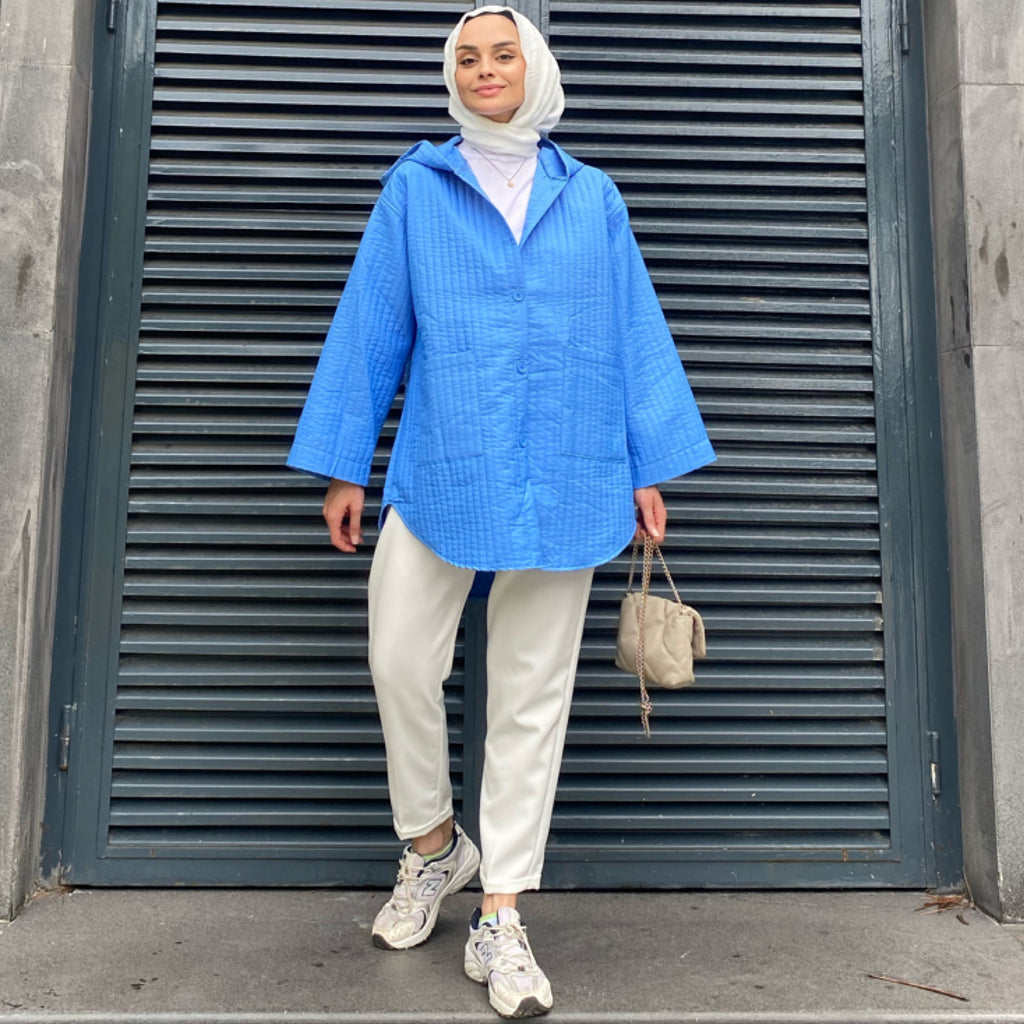 Kapüşonlu Mavi Kapitone Ceket