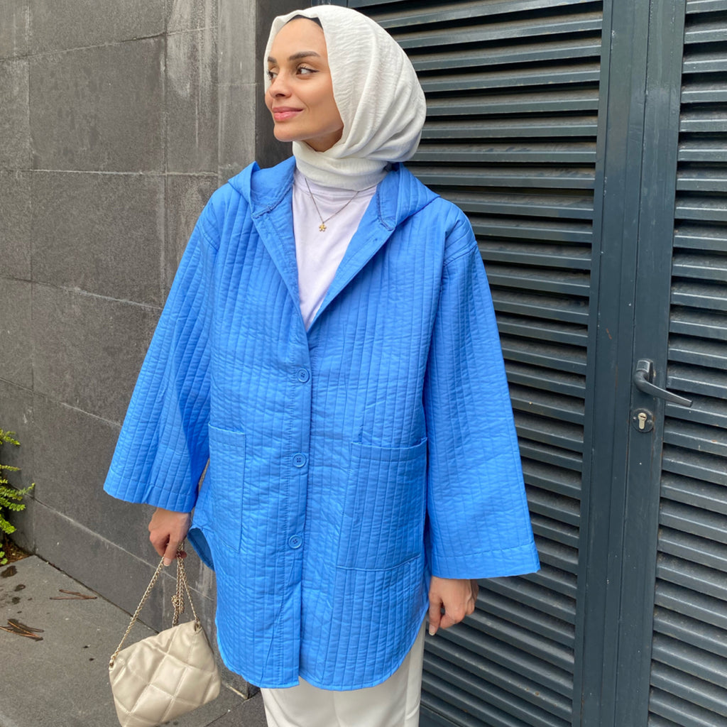 Kapüşonlu Mavi Kapitone Ceket
