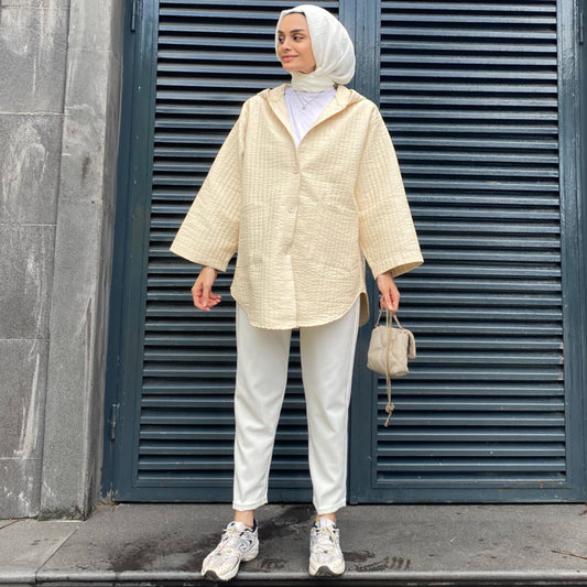 Kapüşonlu Bej Kapitone Ceket