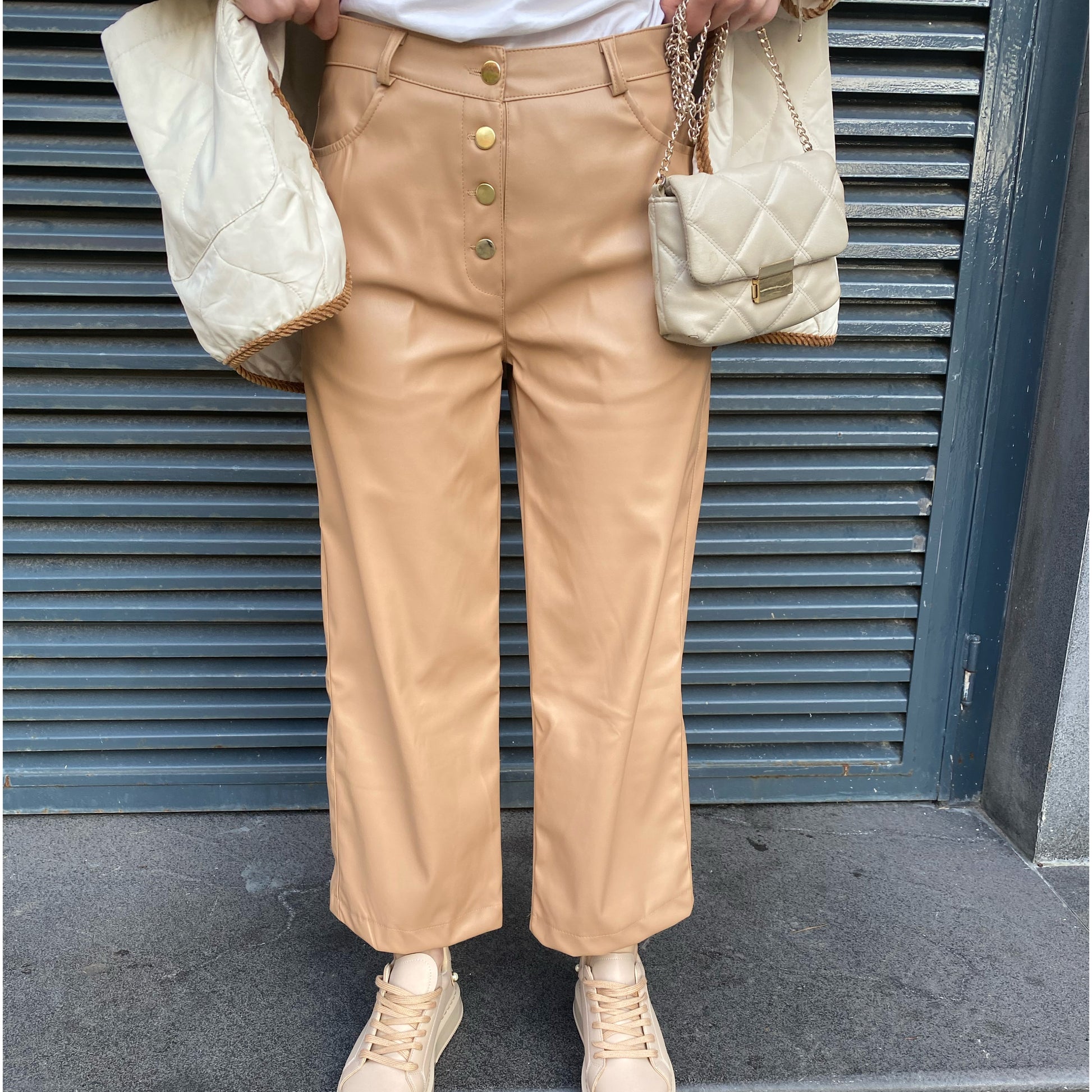 Dört Düğme Deri Pantolon - Camel