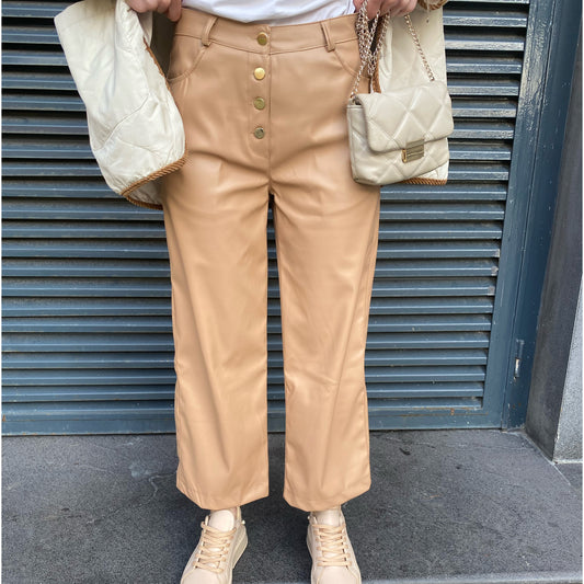Dört Düğme Deri Pantolon - Camel