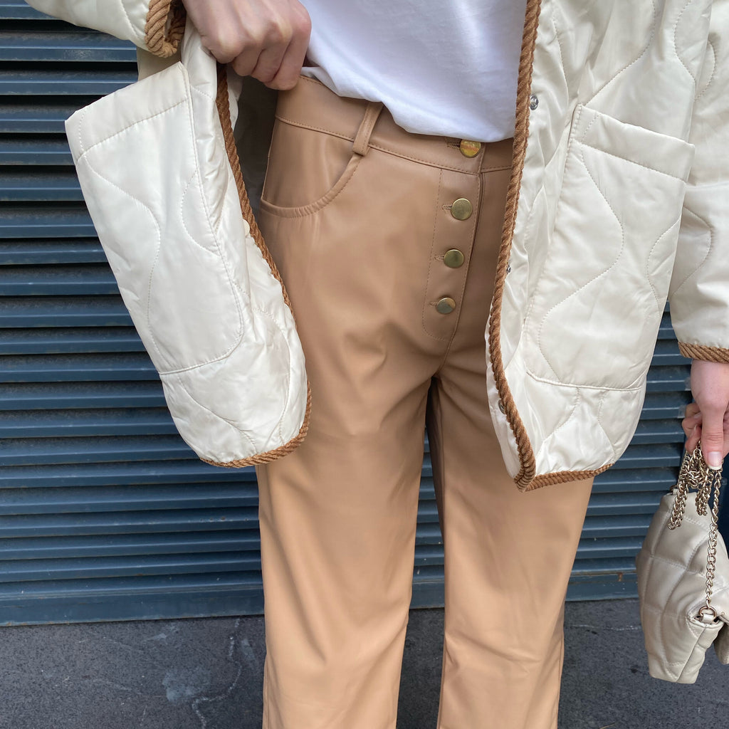 Dört Düğme Deri Pantolon - Camel