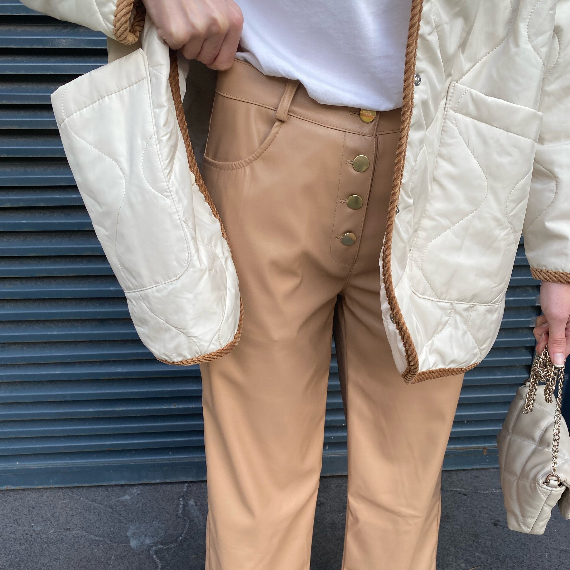 Dört Düğme Deri Pantolon - Camel