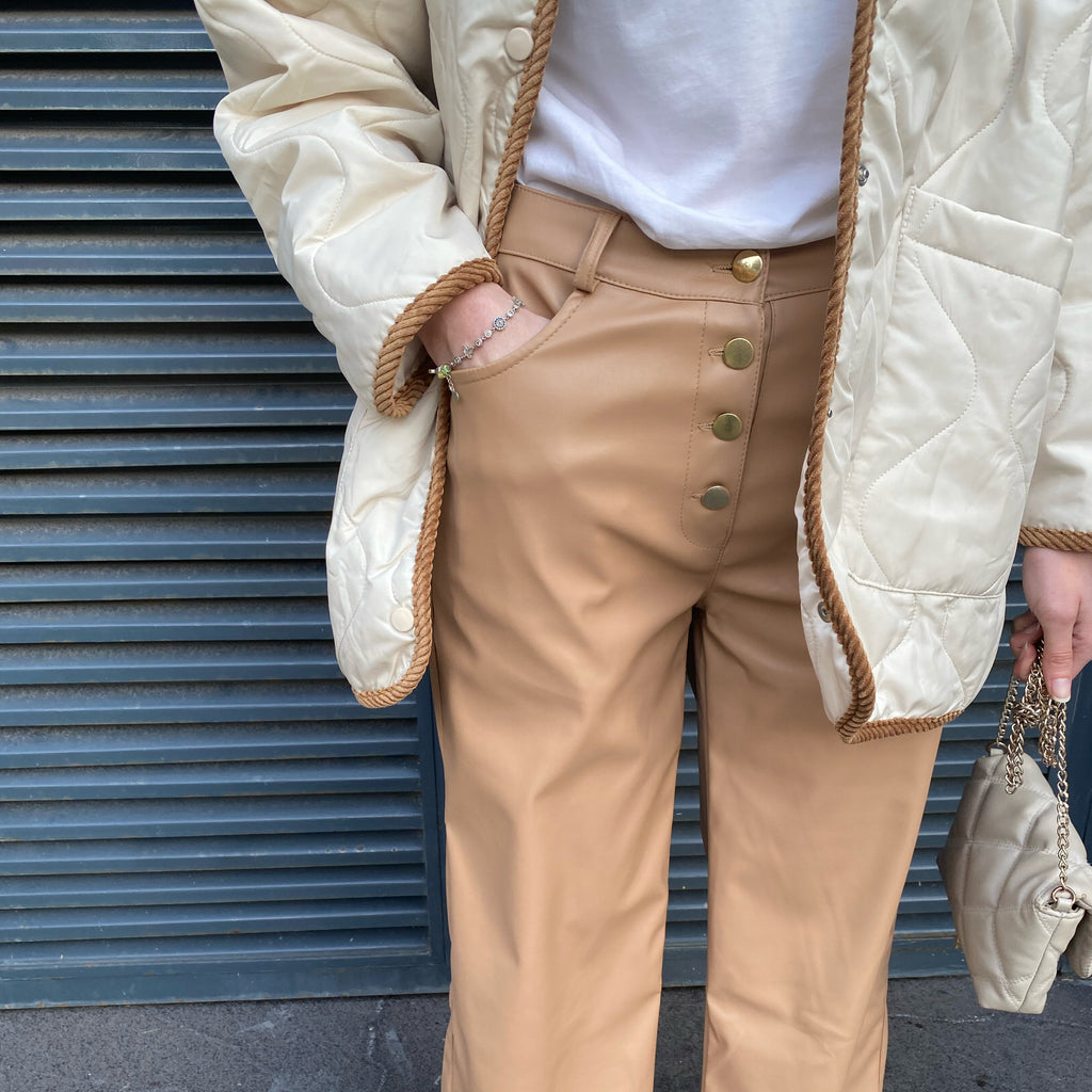 Dört Düğme Deri Pantolon - Camel