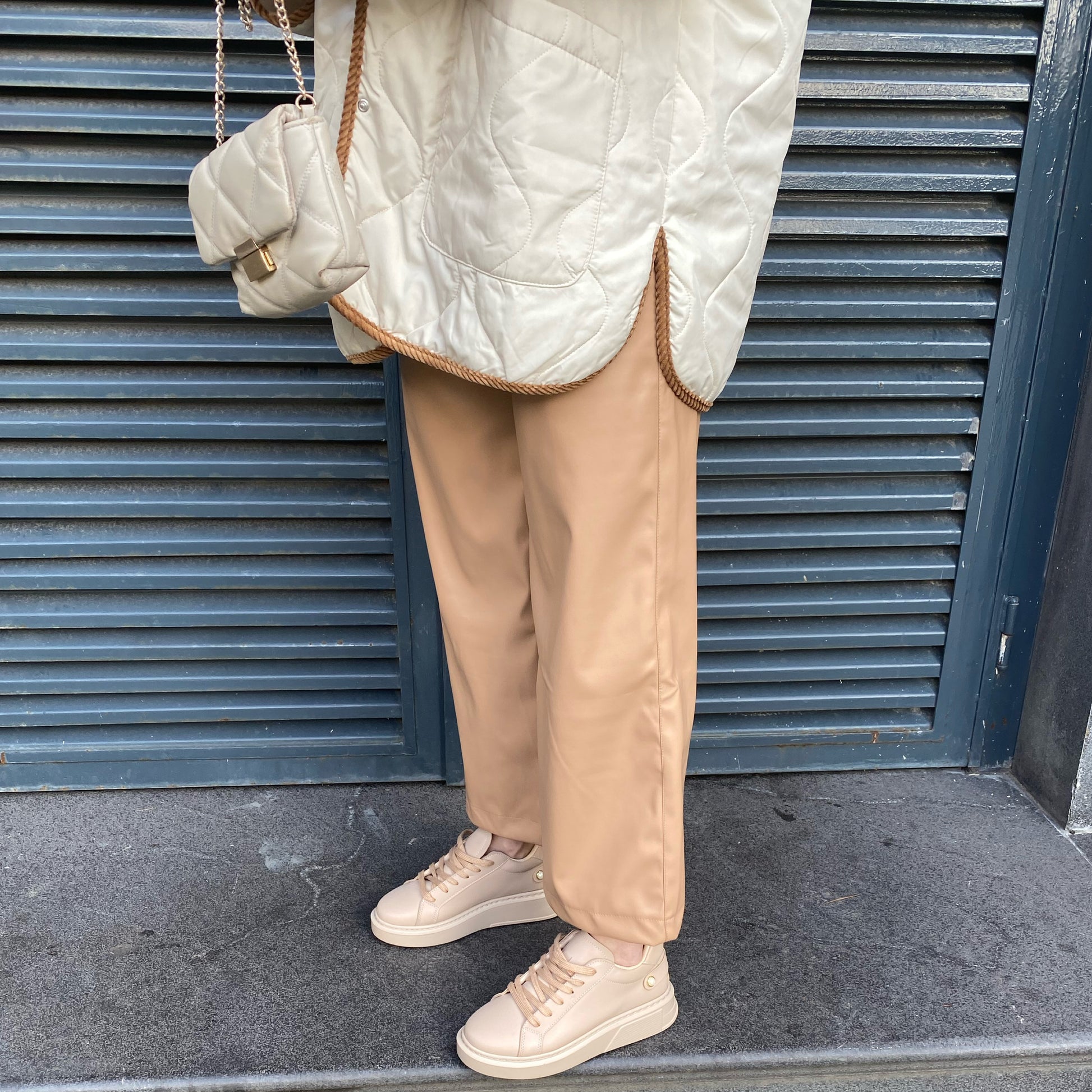 Dört Düğme Deri Pantolon - Camel