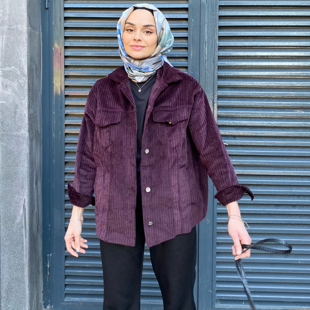 Kadife Dokulu Oversize Ceket – Mor