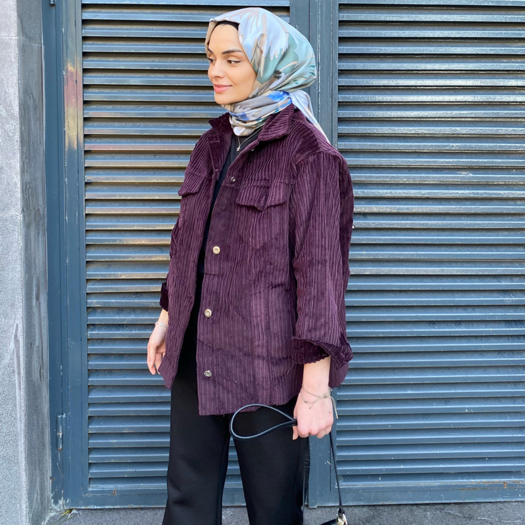 Kadife Dokulu Oversize Ceket – Mor