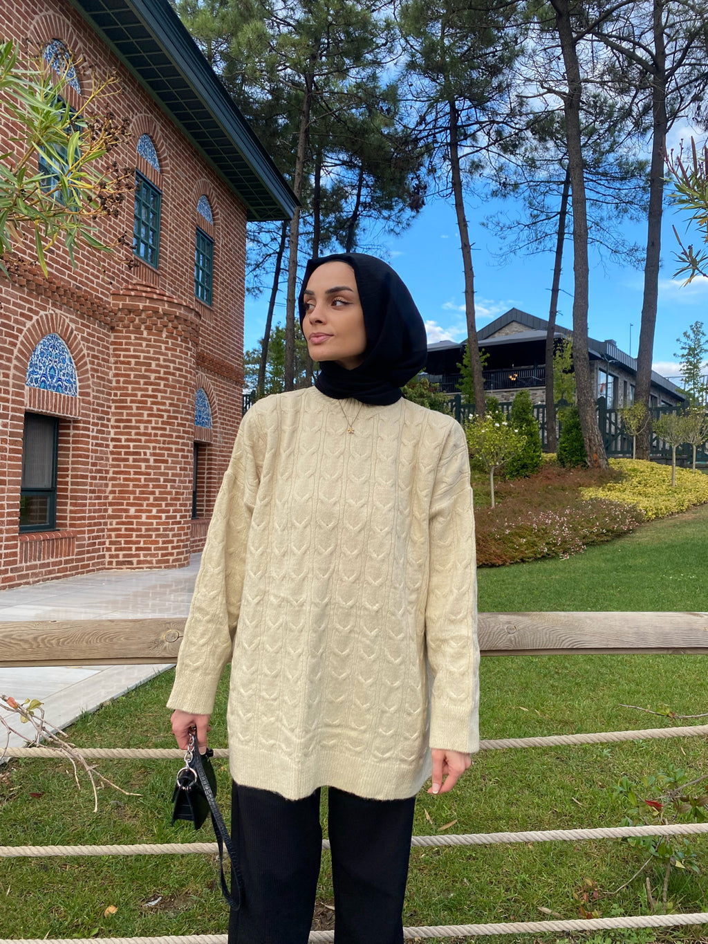 Saç Örgü Yün Triko Kazak - Bej