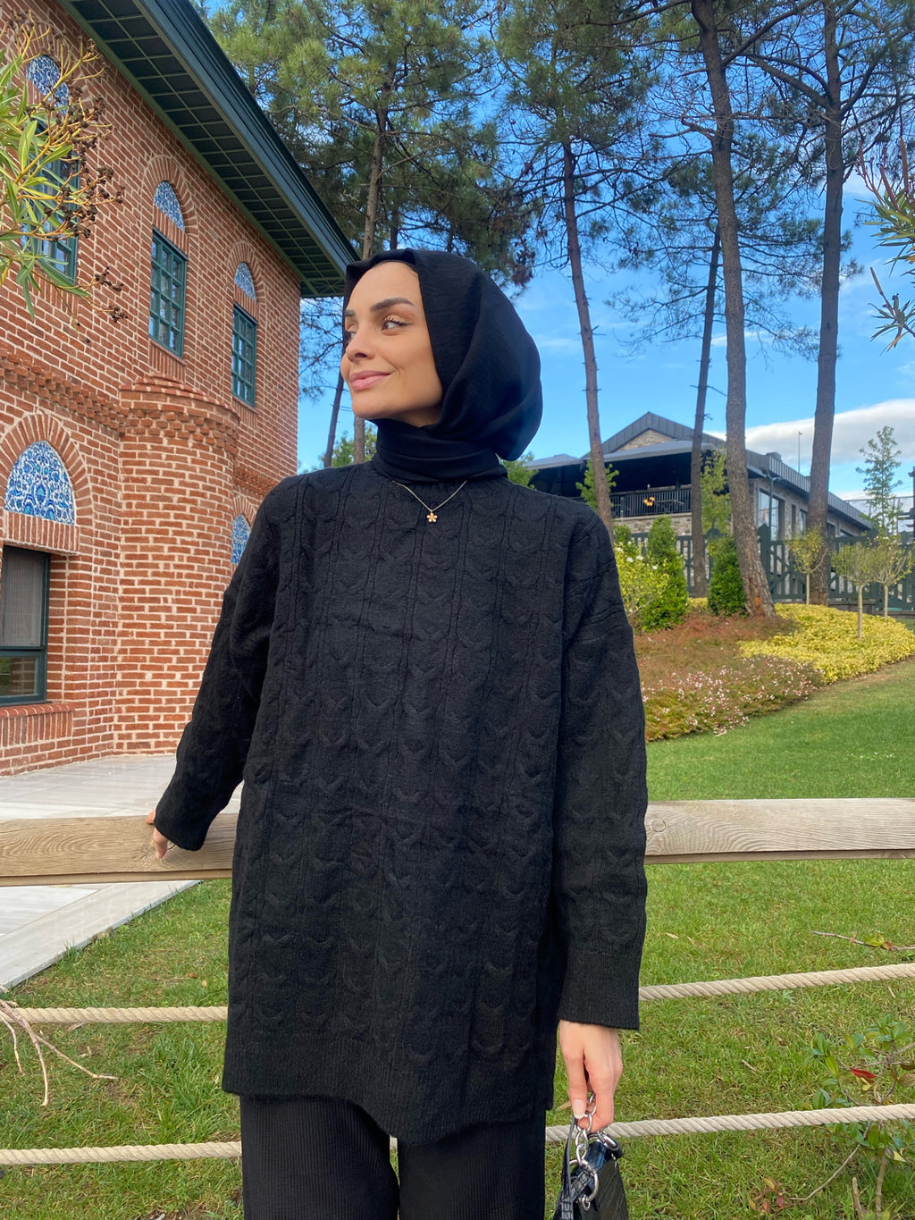 Saç Örgü Yün Triko Kazak - Siyah