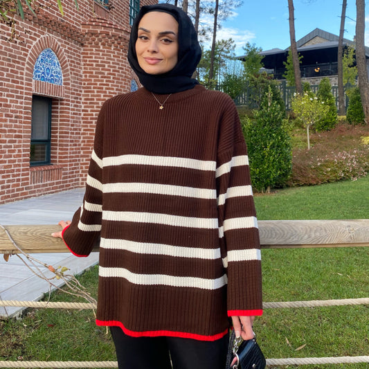 Lastik Örgülü Yün Kazak - Kahve