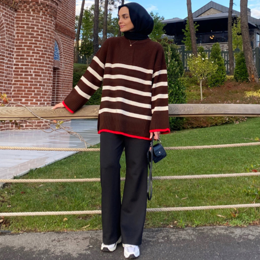 Lastik Örgülü Yün Kazak - Kahve