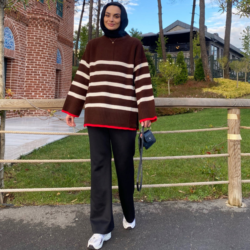 Lastik Örgülü Yün Kazak - Kahve