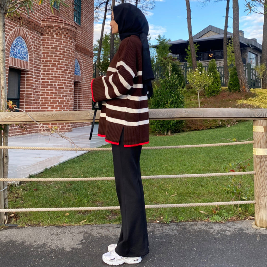 Lastik Örgülü Yün Kazak - Kahve