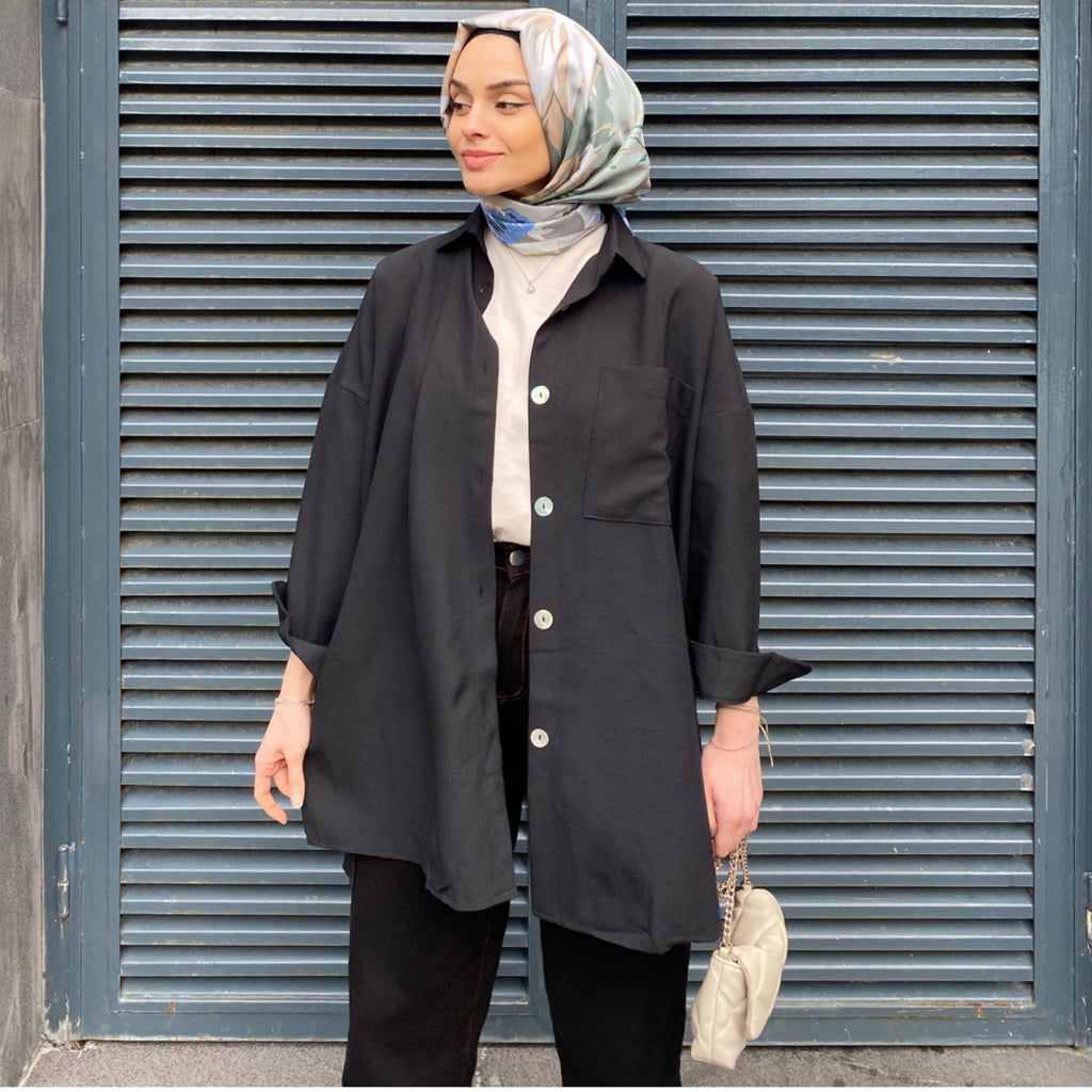 Siyah Oversize Cep Detaylı Gömlek