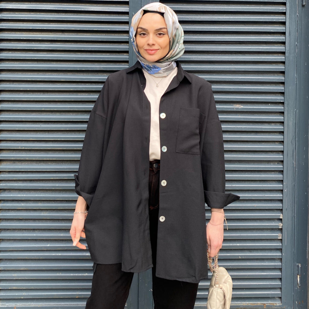 Siyah Oversize Cep Detaylı Gömlek