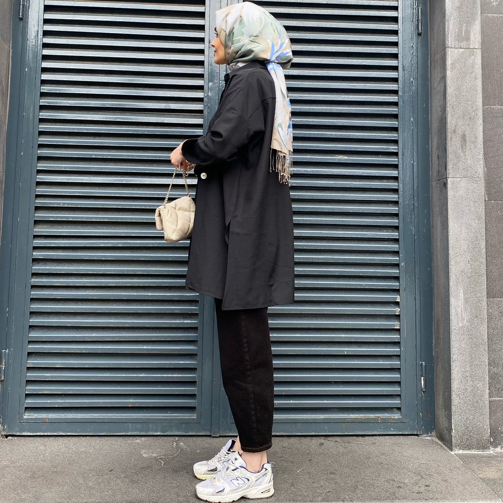 Siyah Oversize Cep Detaylı Gömlek