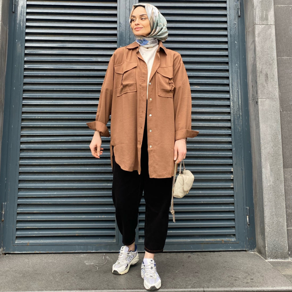 Cep Detaylı Oversize Gömlek - Kahverengi