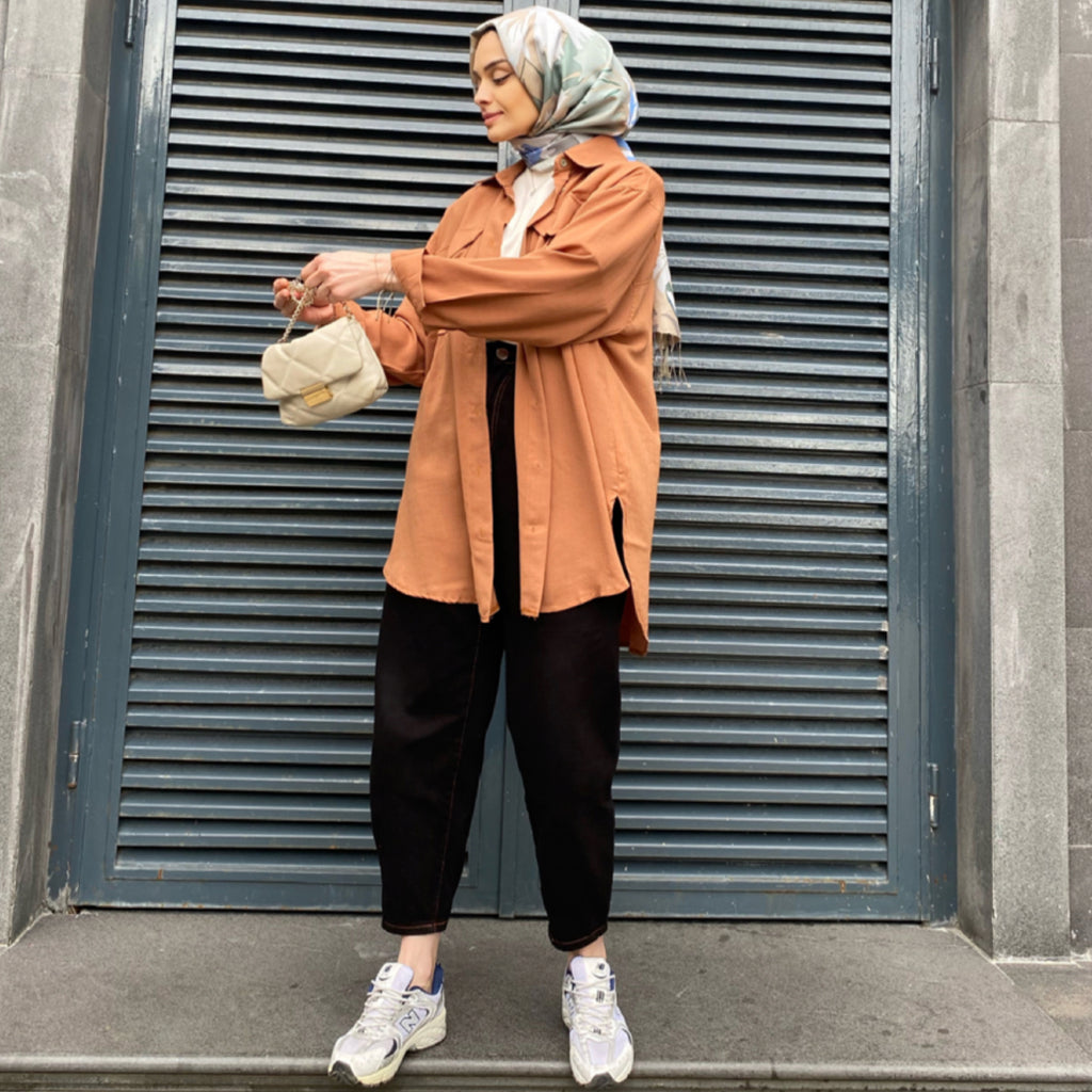 Cep Detaylı Oversize Gömlek - Camel