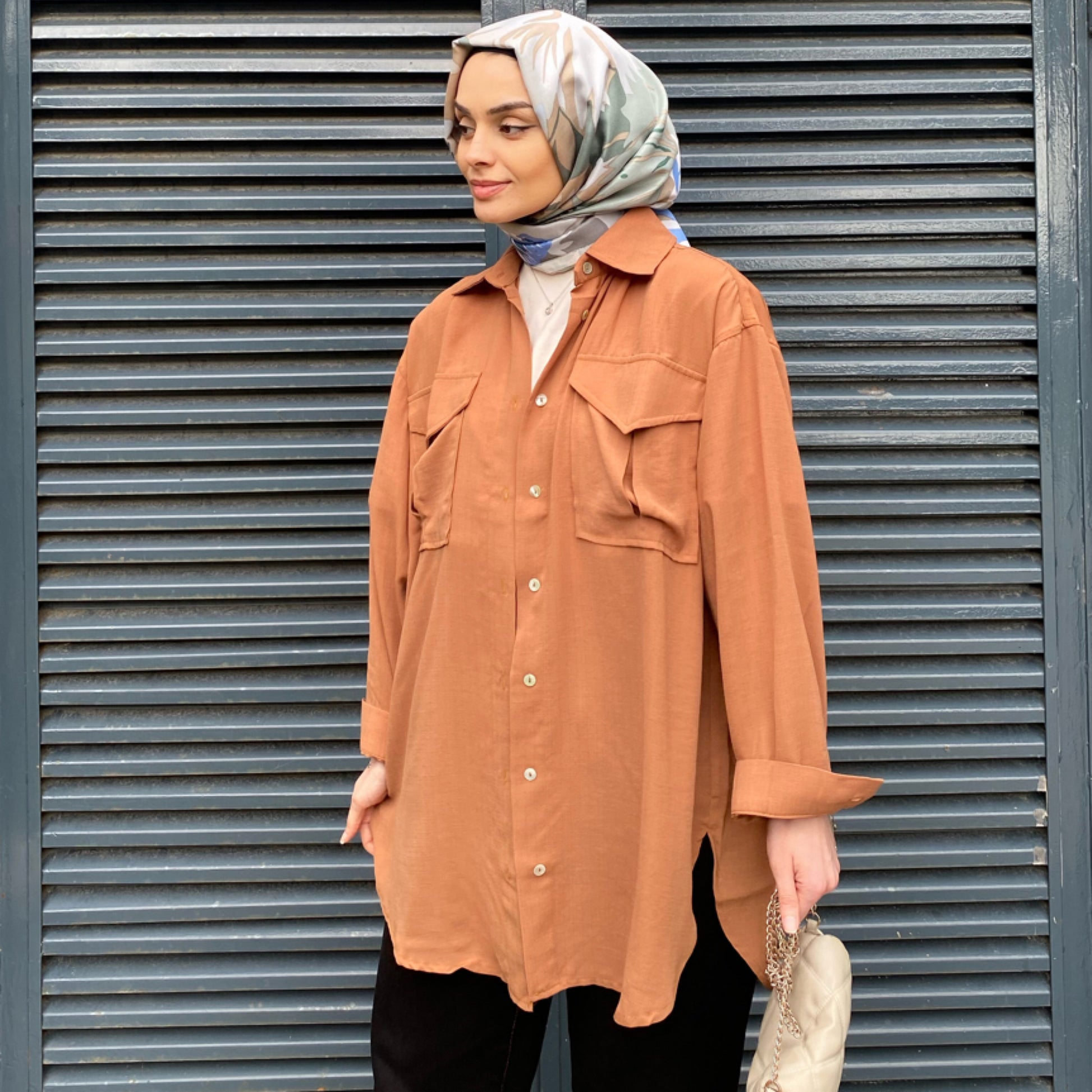 Cep Detaylı Oversize Gömlek - Camel