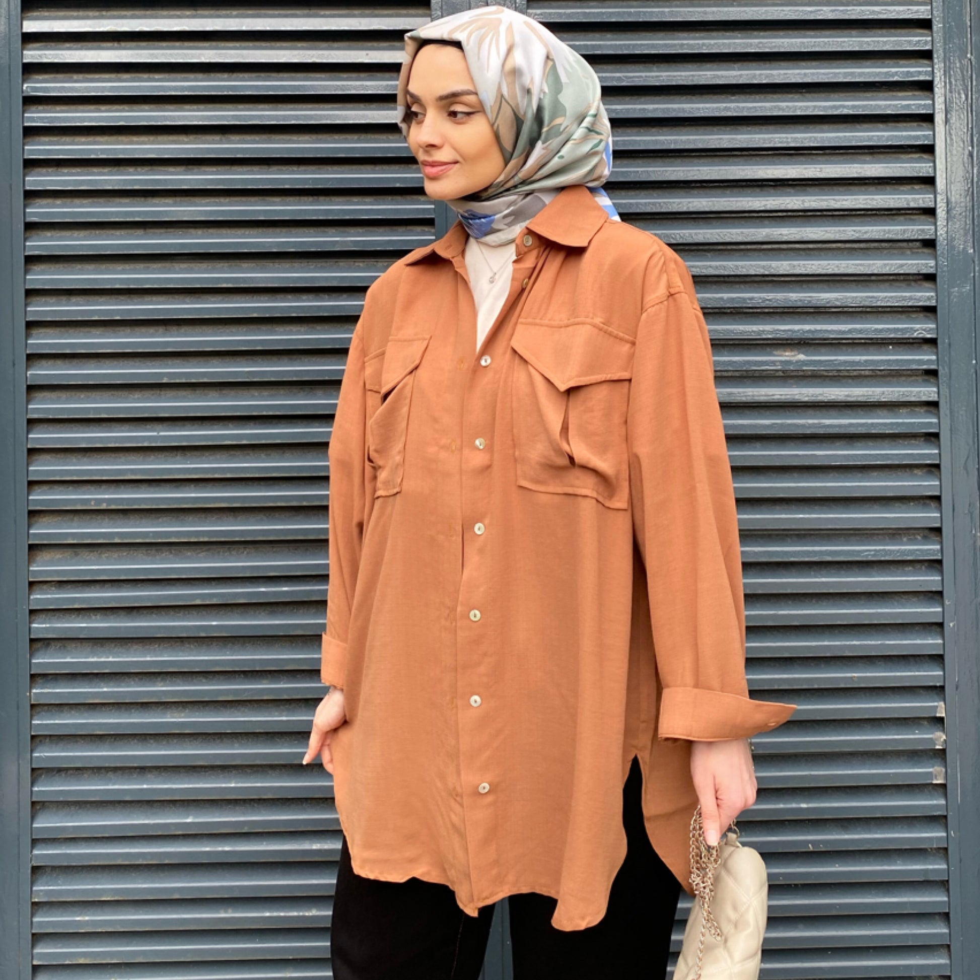 Cep Detaylı Oversize Gömlek - Camel