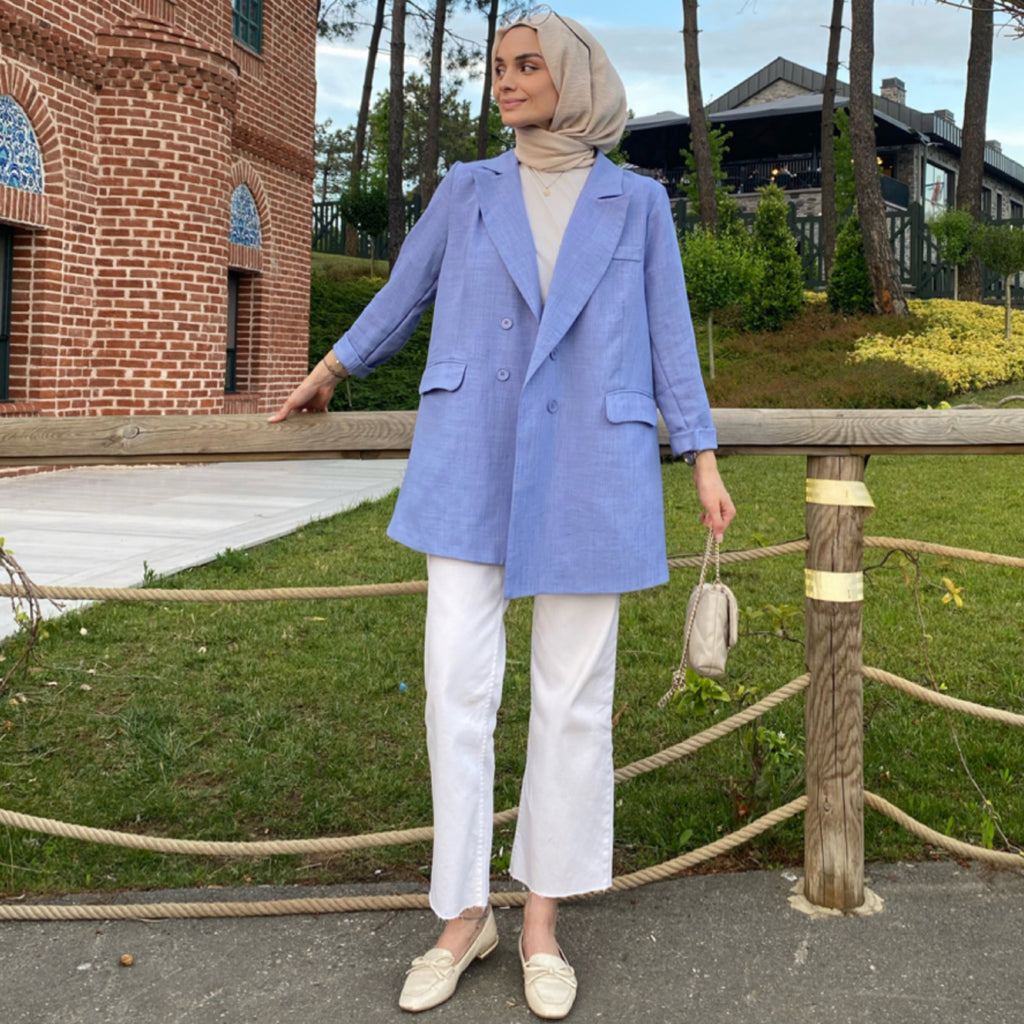 Kraliyet Mavisi Keten Blazer Ceket ( Ekstra Bol Kalıp)