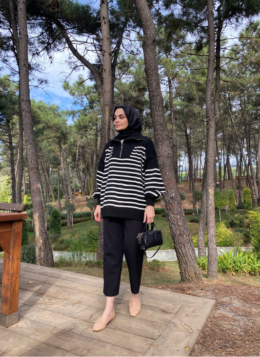 Siyah Çizgili Oversize Triko Sweat