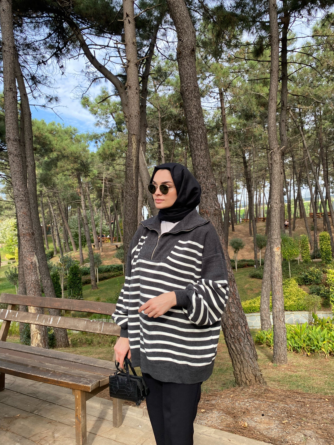 Antrasit Çizgili Oversize Triko Sweat